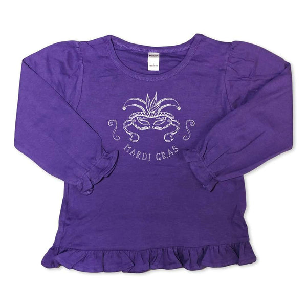 Mardi Gras Mask Long Sleeve Ruffle Tee-Honey Bee Tees-