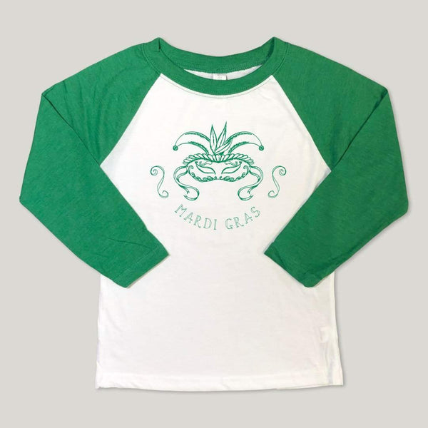 Mardi Gras Mask Green Raglan Tee-Honey Bee Tees-