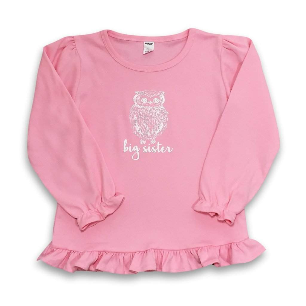 Big Sister Owl Long Sleeve Ruffle Tee-Honey Bee Tees-Monag