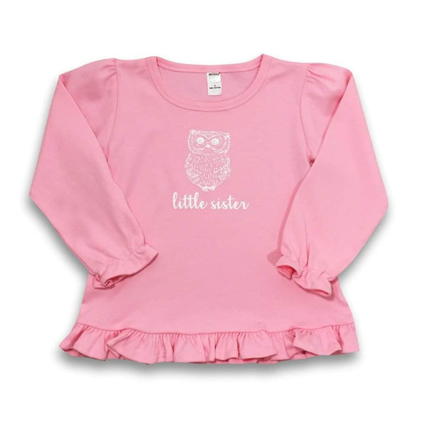 Little Sister Owl Long Sleeve Ruffle Tee-Honey Bee Tees-Monag