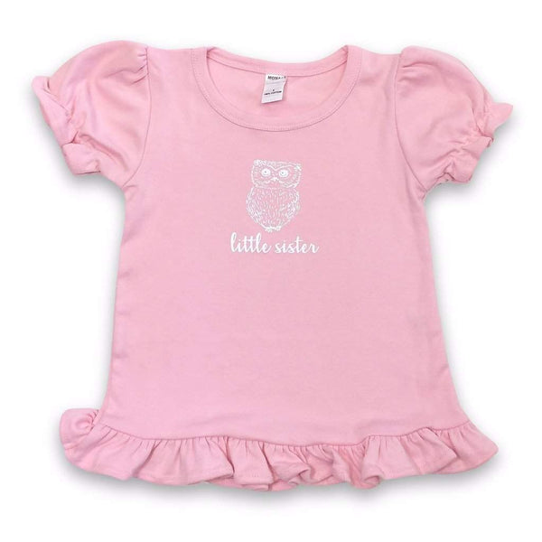 Little Sister Owl Short Sleeve Ruffle Tee-Honey Bee Tees-Monag