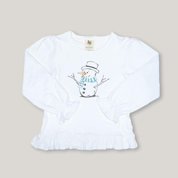 Snowman Long Sleeve Ruffle Tee-Honey Bee Tees-