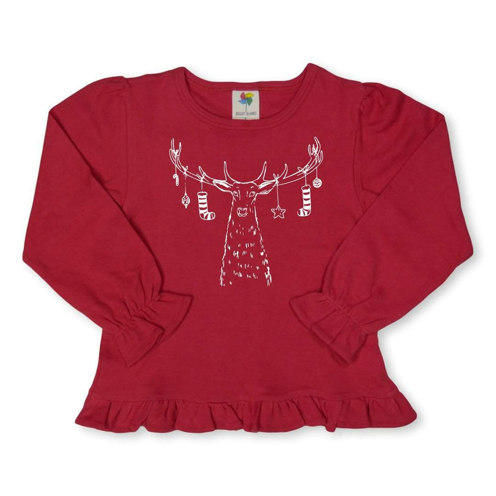 Santa's Reindeer Long Sleeve Ruffle Tee-Honey Bee Tees-