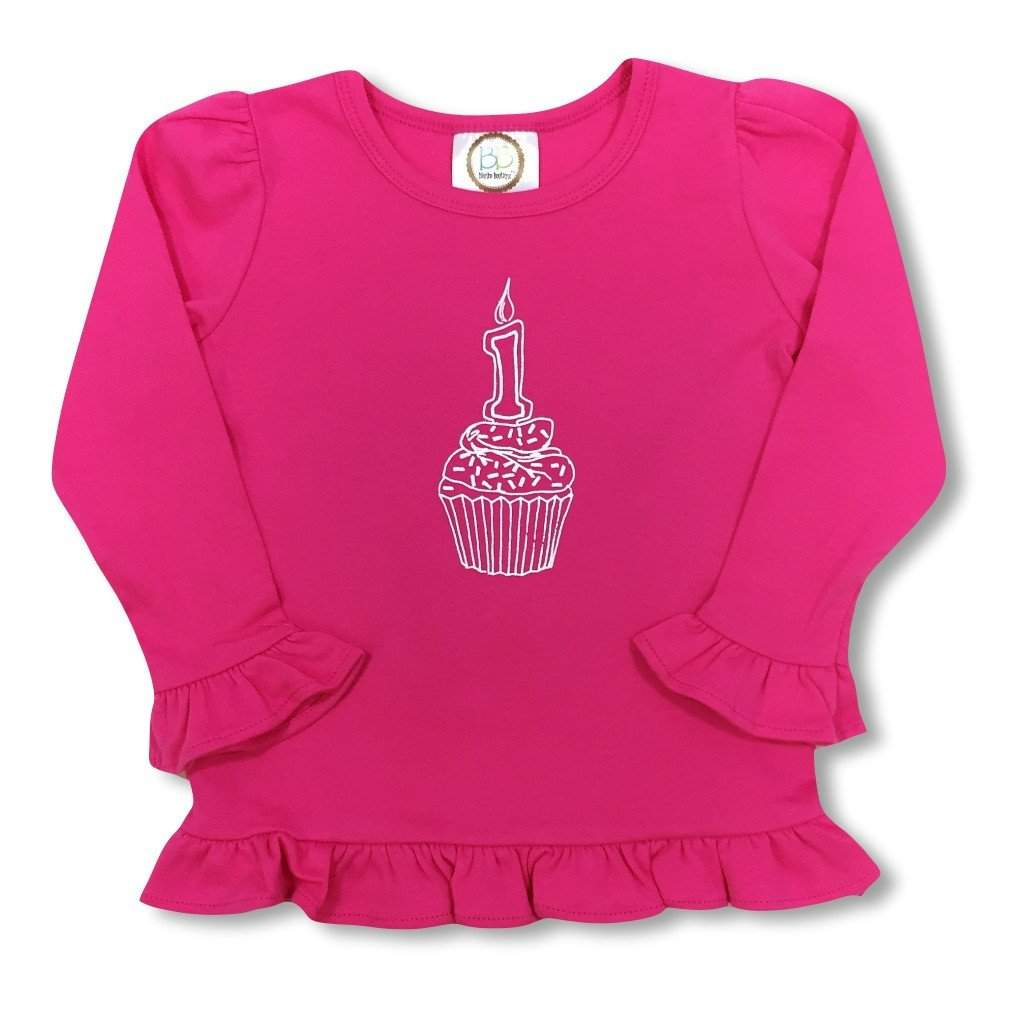 1st Birthday Pink Long Sleeve Ruffle Tee-Honey Bee Tees-Blanks Boutique