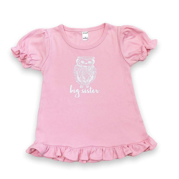 Big Sister Owl Short Sleeve Ruffle Tee-Honey Bee Tees-Monag